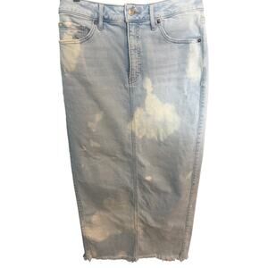 Express Size 6 Bleach Wash Denim Midi Skirt Distressed Raw Hem Back Slit Y2K